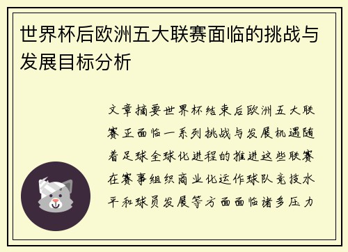 世界杯后欧洲五大联赛面临的挑战与发展目标分析